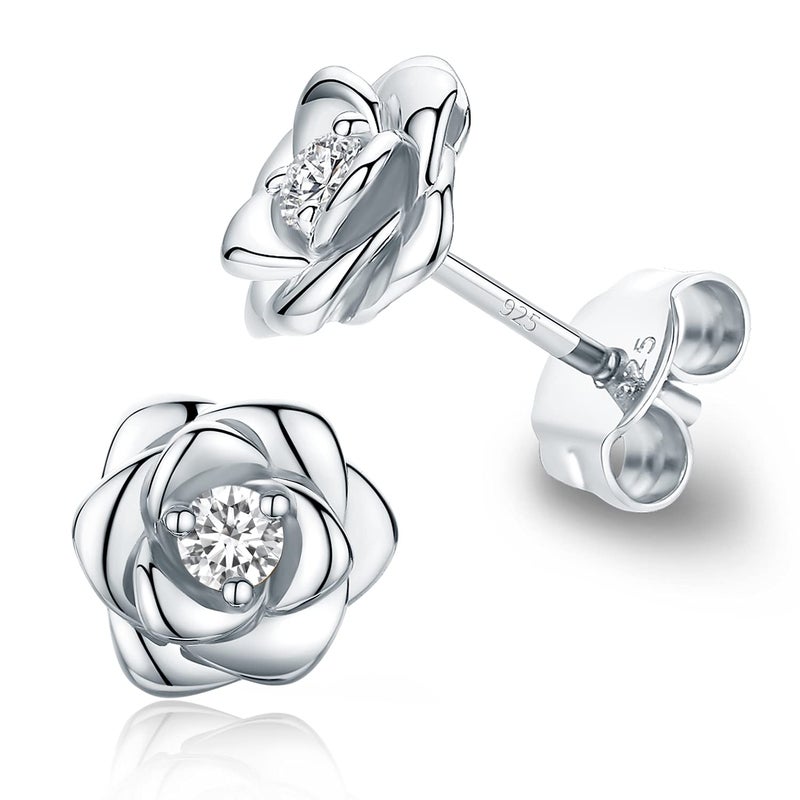 Raneecoco White Gold Plated Sterling Silver Rose Flower Earring Studs, Hypoallergenic & Nickel Free Earrings for Women(9mm) - Image 1